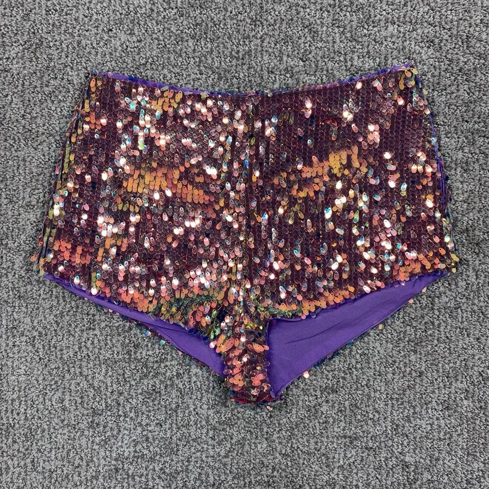 Nasty Gal Sequin Shorts Womens 4 Purple Hot Pants High Waist Festival Party